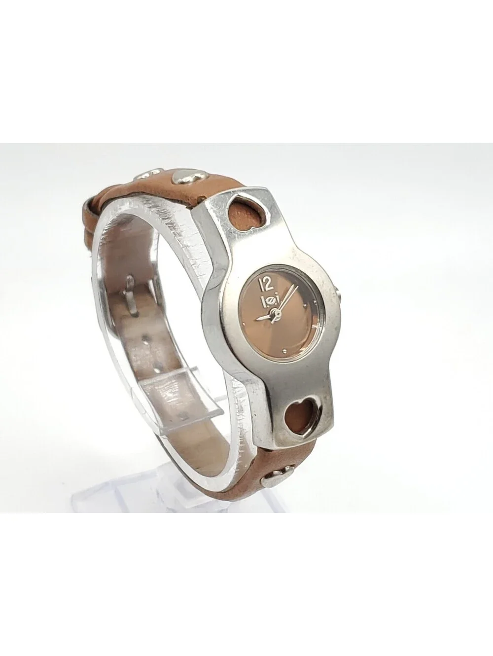 Lei Heart Band Quartz Womens Watch New Battery Silver Tone/Brown 20mm